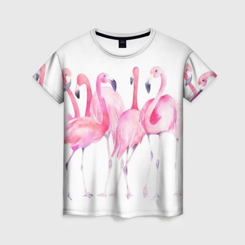 Женская футболка 3D с принтом Фламинго розовый на белом, вид спереди #2