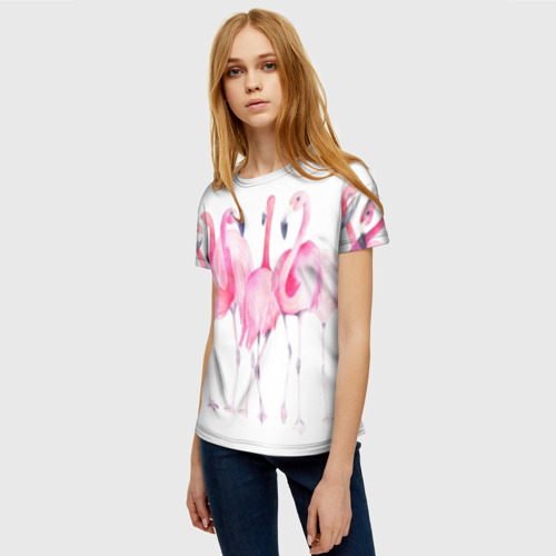 Женская футболка 3D с принтом Фламинго розовый на белом, фото на моделе #1