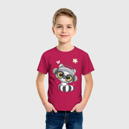 Детская футболка хлопок с принтом Енот меломан, фото на моделе #1