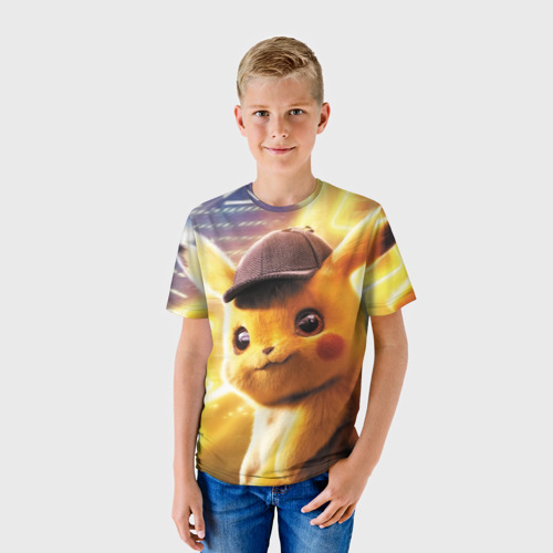 Детская футболка 3D с принтом Детектив Пикачу, фото на моделе #1