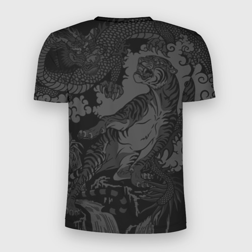 Мужская футболка 3D Slim с принтом Китайские тигр и дракон, вид сзади #1