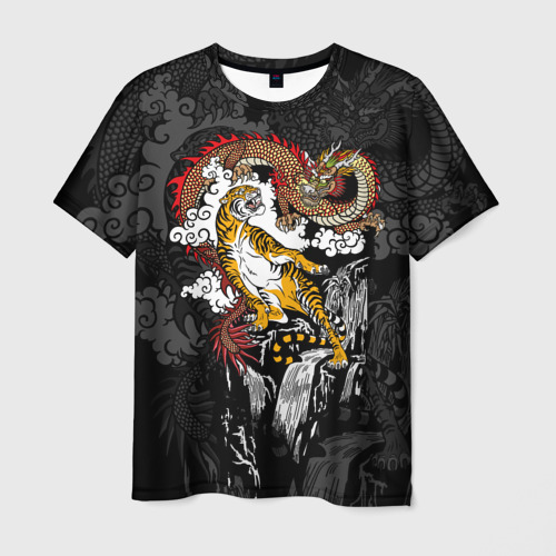 Мужская футболка 3D с принтом Китайские тигр и дракон, вид спереди #2