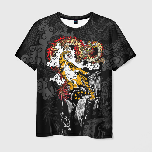 Мужская 3D футболка с принтом Тигр и дракон, вид спереди #2