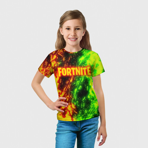 Детская футболка 3D с принтом Fortnite toxic flame, вид сбоку #3