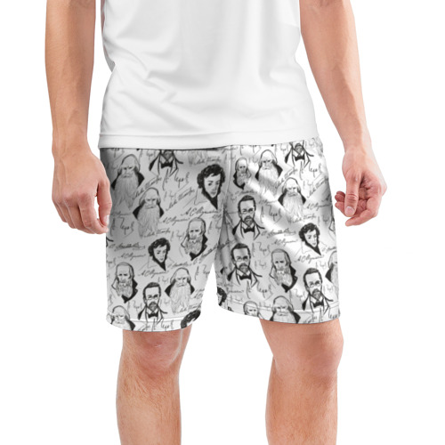 Мужские шорты спортивные с принтом Великие писатели-классики, фото на моделе #1