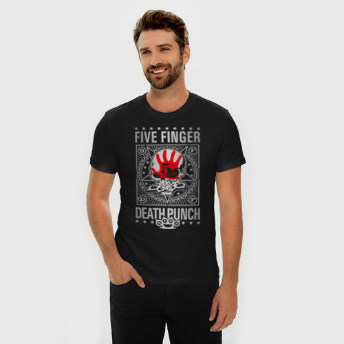Мужская футболка хлопок Slim с принтом Five Finger Death Punch, фото на моделе #1