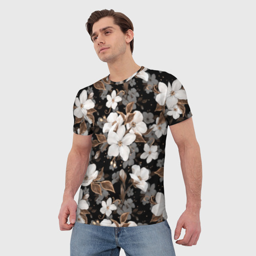 Мужская футболка 3D с принтом Белые цветы, фото на моделе #1
