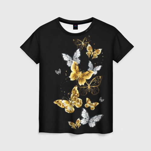 Женская футболка 3D с принтом Золотые бабочки, вид спереди #2