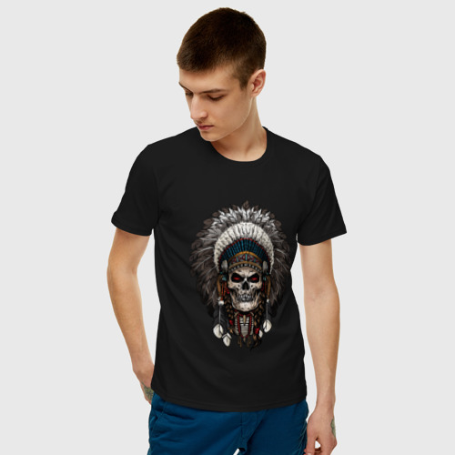 Мужская футболка с принтом Череп индеец, фото на моделе #1