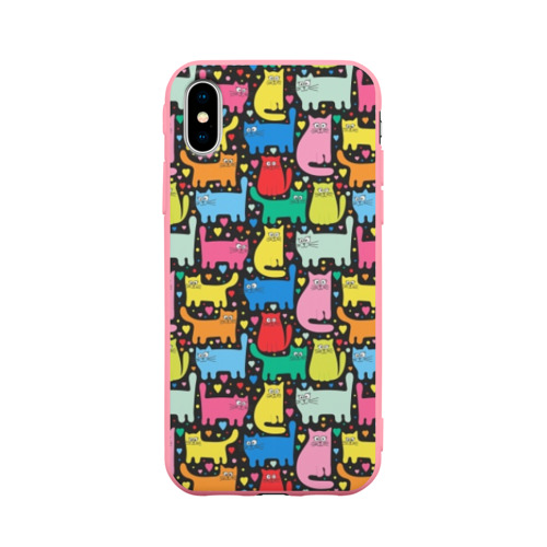 Чехол для iPhone X матовый с принтом Разноцветные котики, вид спереди #2