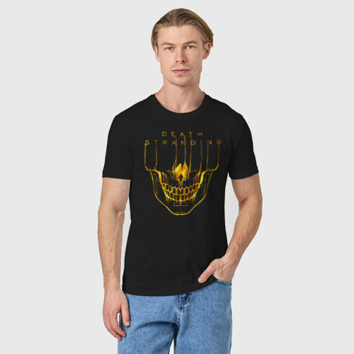 Мужская футболка хлопок с принтом Death Stranding DS золотой череп, фото на моделе #1