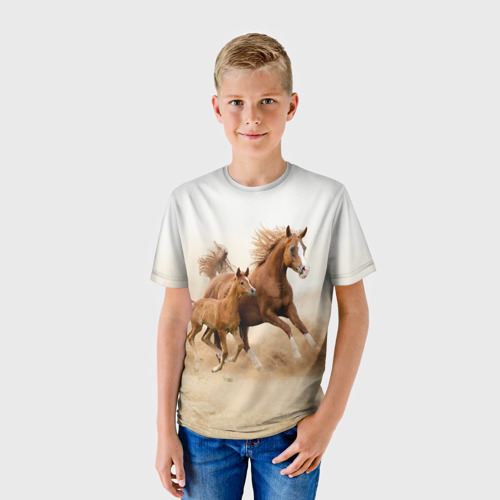 Детская футболка 3D с принтом Лошадь с жеребенком, фото на моделе #1