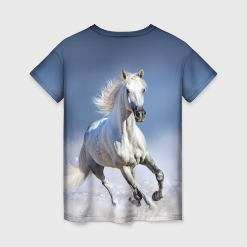 Женская футболка 3D с принтом Белая лошадь, вид сзади #1