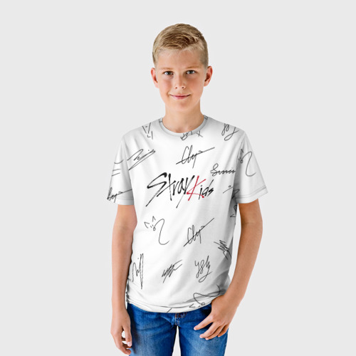 Детская футболка 3D с принтом STRAY KIDS АВТОГРАФЫ, фото на моделе #1