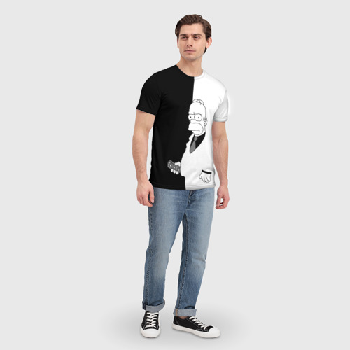 Мужская футболка 3D с принтом Гомер Симпсон - в смокинге - black and white, вид сбоку #3