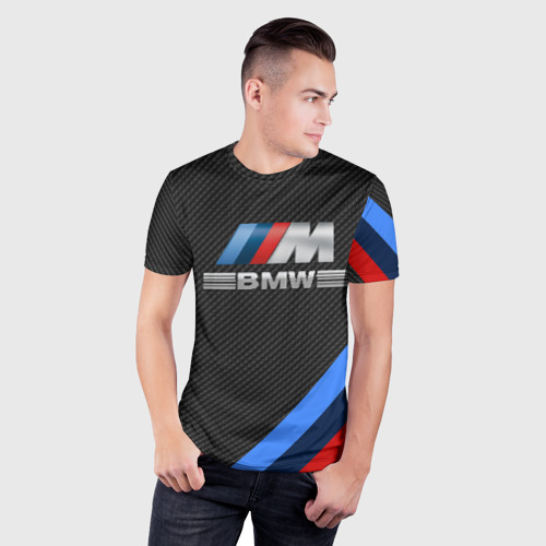 Мужская футболка 3D Slim с принтом BMW КАРБОН, фото на моделе #1