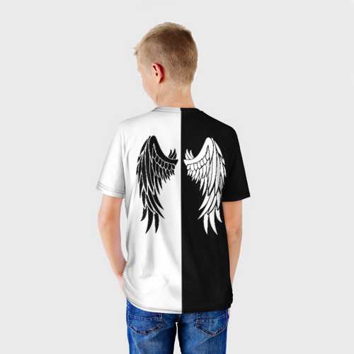 Детская футболка 3D с принтом GOOD OMENS (КРЫЛЬЯ), вид сзади #2