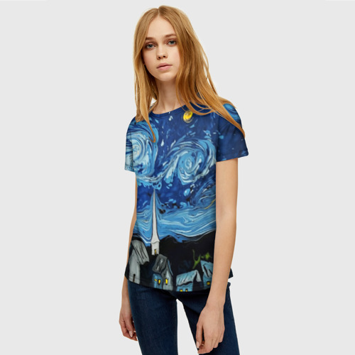Женская футболка 3D с принтом Звёздная ночь Вангог, фото на моделе #1