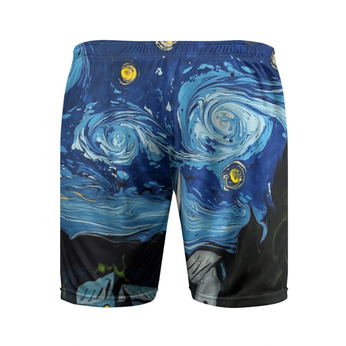 Мужские шорты спортивные с принтом Звёздная ночь Вангог, вид сзади #1