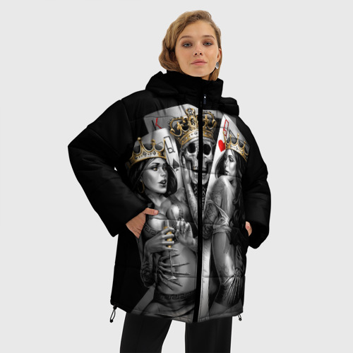 Женская зимняя куртка 3D с принтом Король-череп с девушками королевами, фото на моделе #1