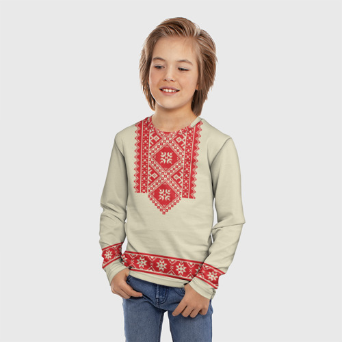 Детский лонгслив 3D с принтом Рубаха славянская вышиванка бежевая, фото на моделе #1