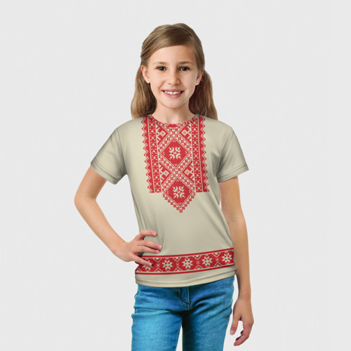 Детская футболка 3D с принтом Рубаха славянская вышиванка бежевая, вид сбоку #3