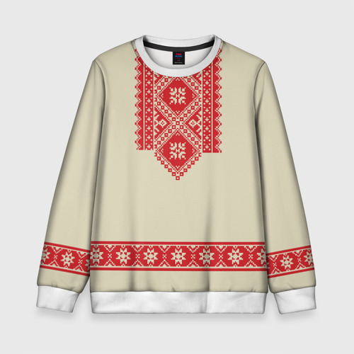 Детский свитшот 3D с принтом Рубаха славянская вышиванка бежевая, вид спереди #2