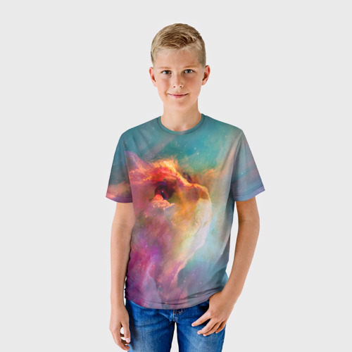 Детская футболка 3D с принтом КОСМИЧЕСКИЙ КОТ, фото на моделе #1