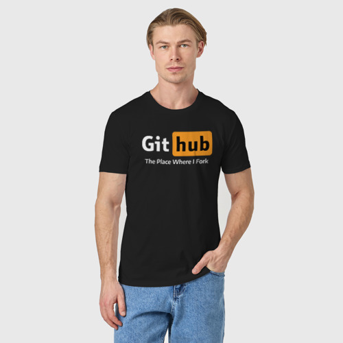 Мужская футболка хлопок с принтом GitHub Fork Place, фото на моделе #1
