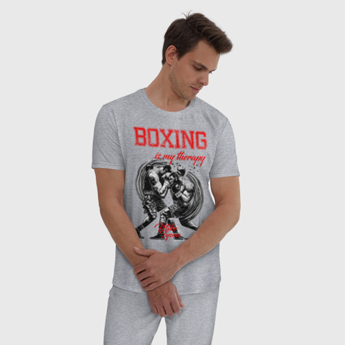 Мужская пижама хлопок с принтом Boxing is my therapy, фото на моделе #1