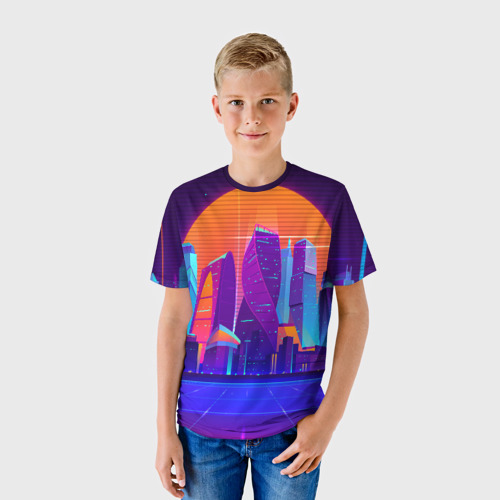 Детская футболка 3D с принтом НЕОНОВЫЙ ГОРОД, фото на моделе #1