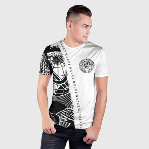 Мужская футболка 3D Slim с принтом СССР black-white с гербом, фото на моделе #1