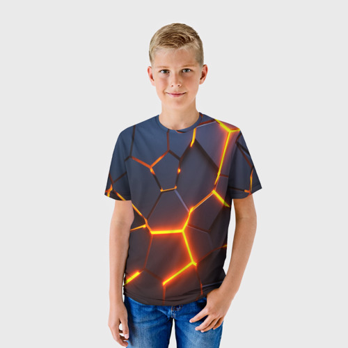 Детская 3D футболка с принтом Разлом неоновых плит в трехмерном, фото на моделе #1