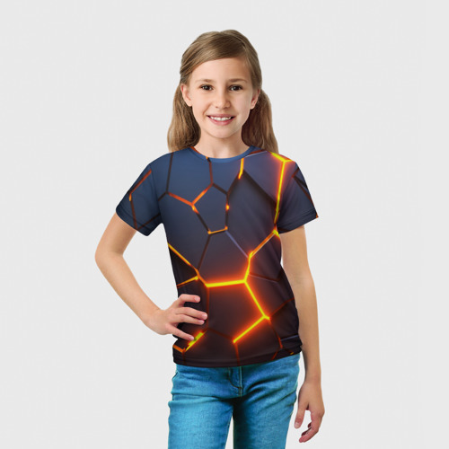 Детская 3D футболка с принтом Разлом неоновых плит в трехмерном, вид сбоку #3