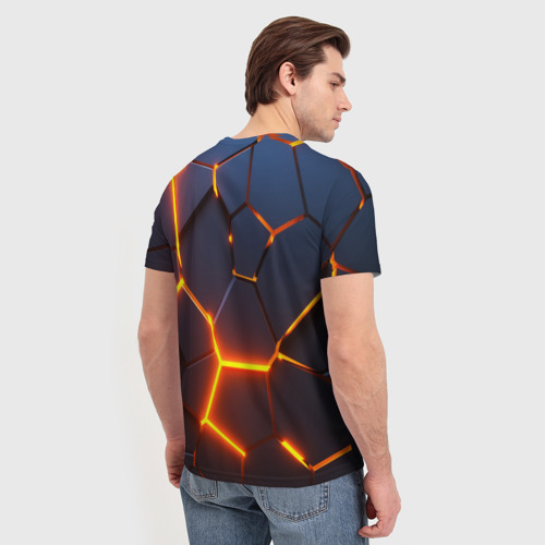Мужская 3D футболка с принтом Разлом неоновых плит в трехмерном, вид сзади #2
