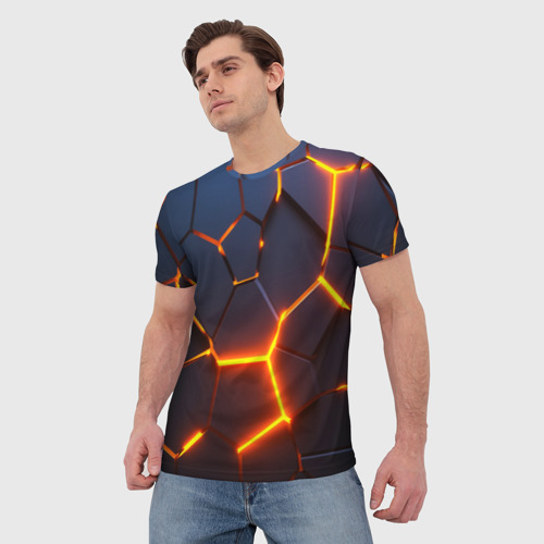 Мужская 3D футболка с принтом Разлом неоновых плит в трехмерном, фото на моделе #1