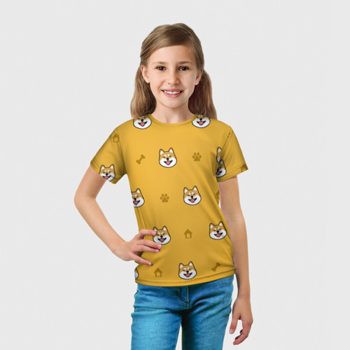 Детская футболка 3D с принтом Сиба-ину Акита-ину Жёлтая, вид сбоку #3