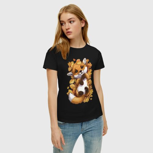 Женская футболка хлопок с принтом Осенний лисёнок, фото на моделе #1