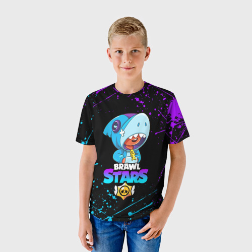 Детская футболка 3D с принтом Brawl Stars Leon shark Леон акула, фото на моделе #1