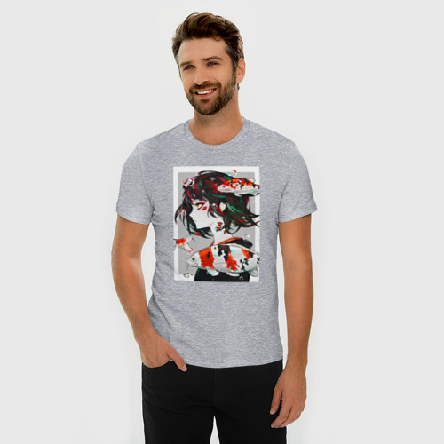 Мужская футболка премиум с принтом Девушка и Карп Кои, фото на моделе #1