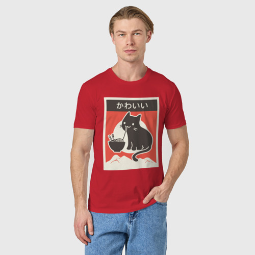 Мужская футболка хлопок с принтом Котик и Рамен, фото на моделе #1