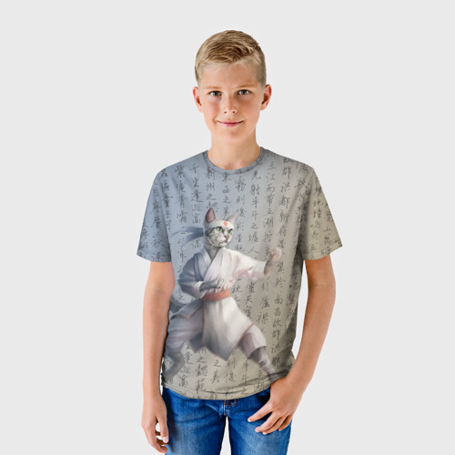 Детская 3D футболка с принтом Karate cat, фото на моделе #1