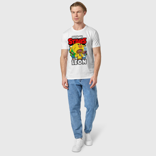 Мужская футболка хлопок с принтом BRAWL STARS LEON, вид сбоку #3