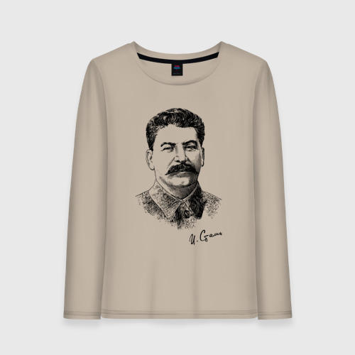 Женский лонгслив хлопок с принтом Товарищ Сталин, вид спереди #2