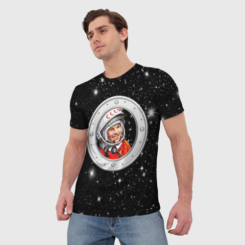 Мужская футболка 3D с принтом Юрий Гагарин звездное небо, фото на моделе #1