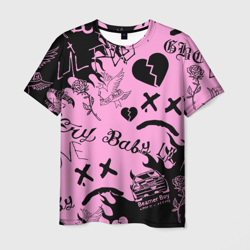 Мужская футболка 3D с принтом LIL PEEP PINK TATTOO | ЛИЛ ПИП ПАТТЕРН РОЗОВЫЙ / ТАТУ, вид спереди #2