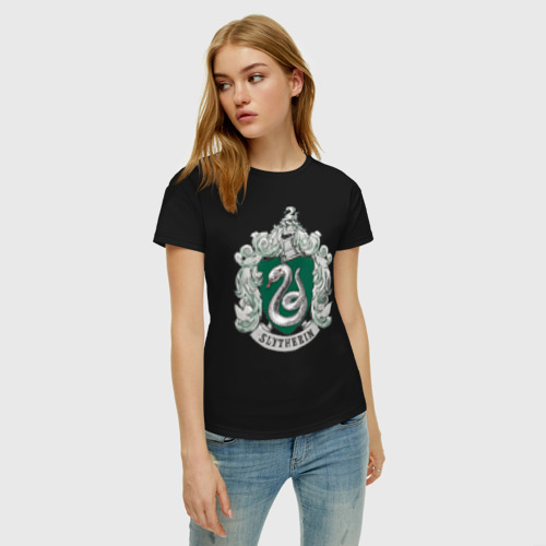 Женская футболка с принтом Coat of Slytherin, фото на моделе #1