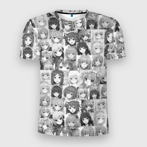 Мужская футболка 3D Slim с принтом Many faces of anime girls monochrome, вид спереди #2