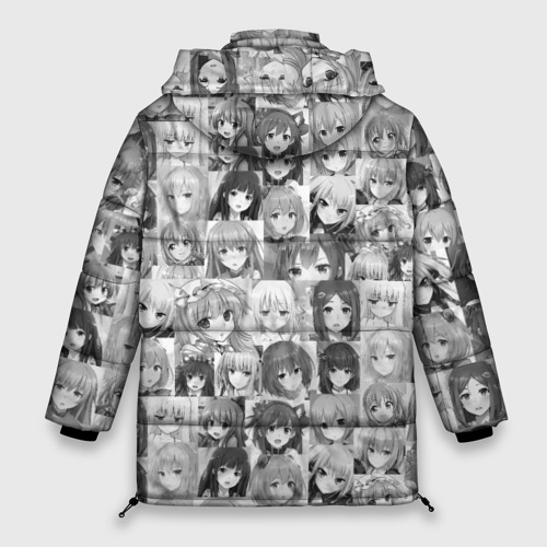 Женская зимняя куртка 3D с принтом Many faces of anime girls monochrome, вид сзади #1