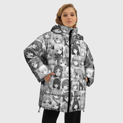 Женская зимняя куртка 3D с принтом Many faces of anime girls monochrome, фото на моделе #1